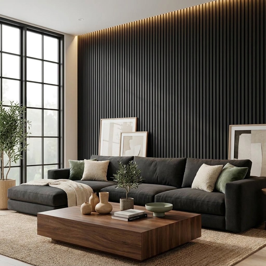 Linear Wood Slat Wall Panels — 270 × 110 cm (106 × 43 in) — Black