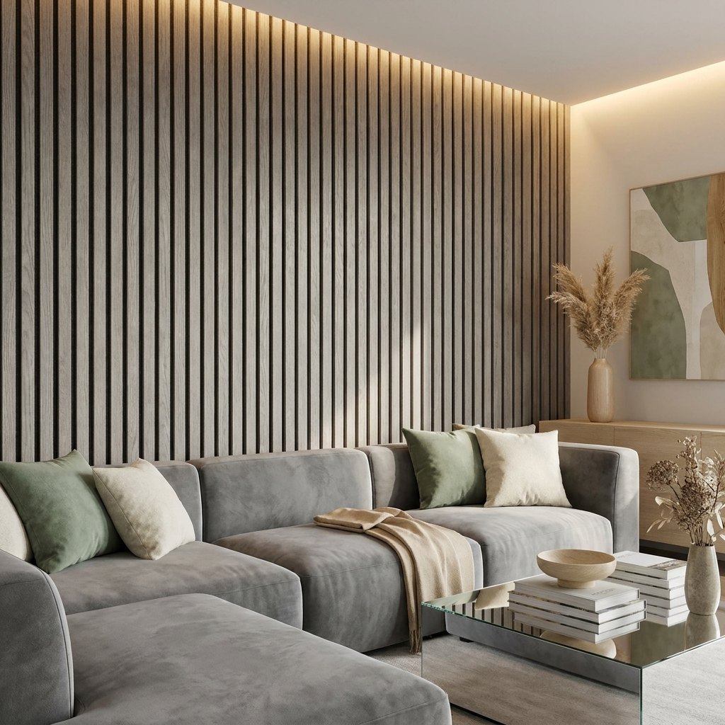 Linear Wood Slat Wall Panels — 270 × 110 cm (106 × 43 in) — Gray Oak
