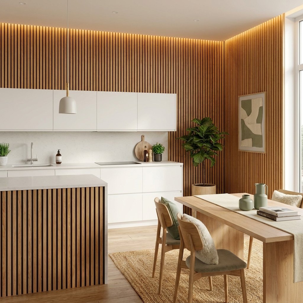 Linear Wood Slat Wall Panels — 270 × 110 cm (106 × 43 in) — Oak