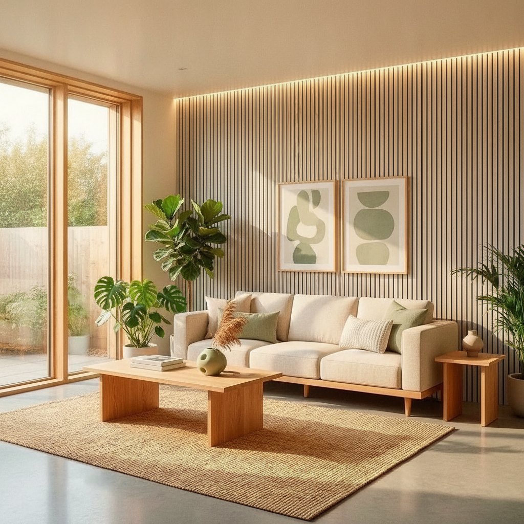Linear Wood Slat Wall Panels — 270 × 110 cm (106 × 43 in) — Sand