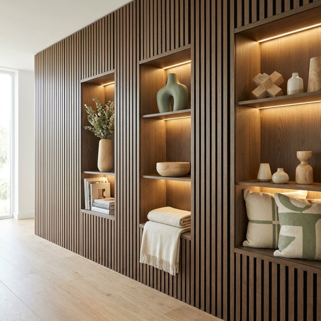 Linear Wood Slat Wall Panels — 270 × 110 cm (106 × 43 in) — Smoked Oak